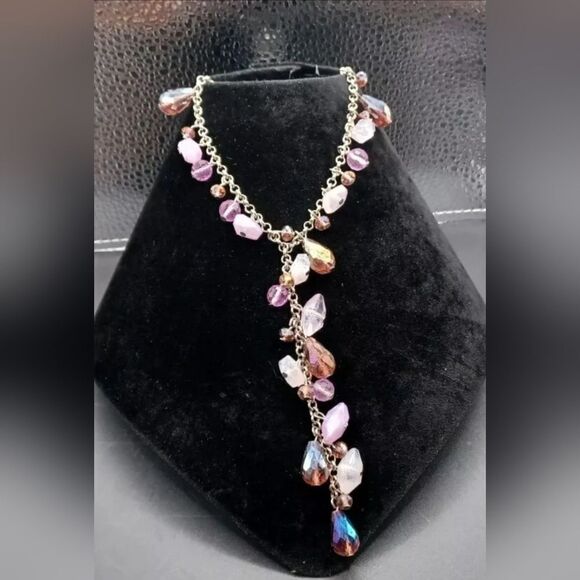 JTV Marked Signed Purple Bead Dangle Silvertone Statement Necklace NWOT - Picture 1 of 4